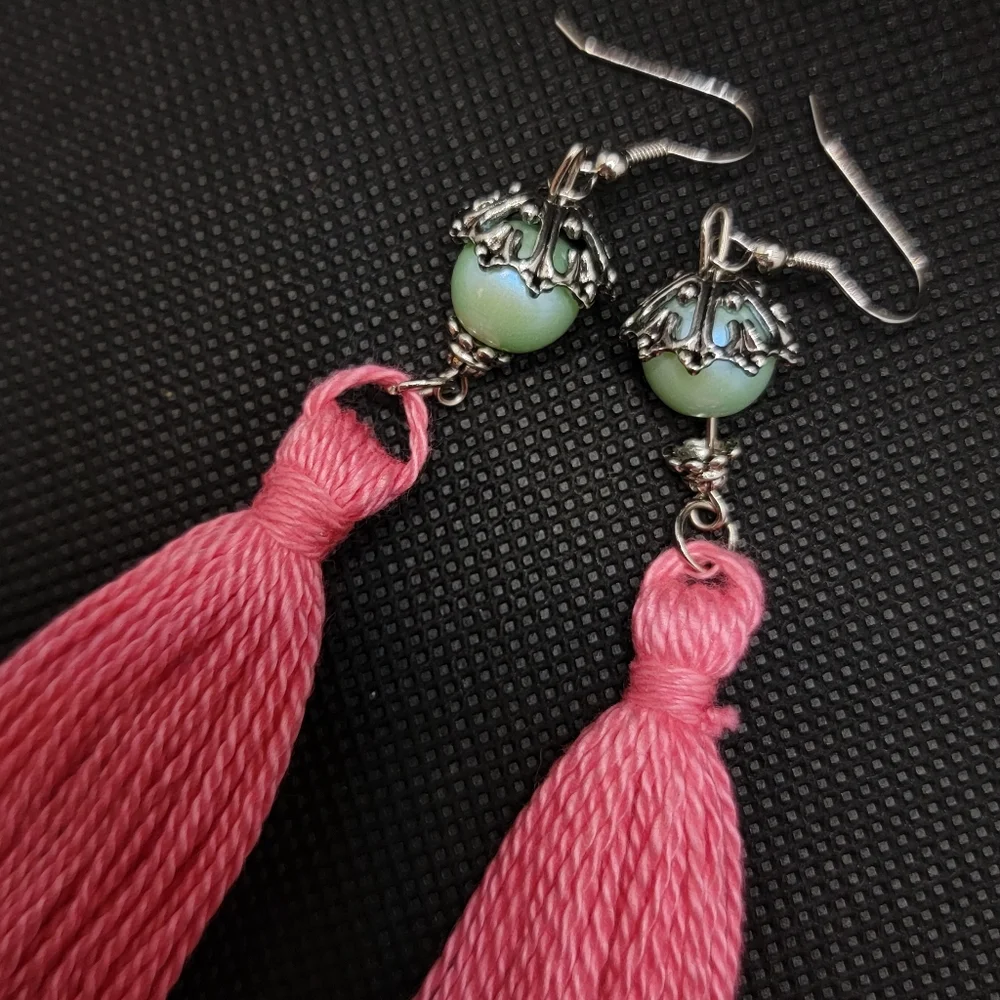 Handmade Tassel Earrings Pink Minty Teal Pearlescent Faux Pearl Bell Boho Hippie